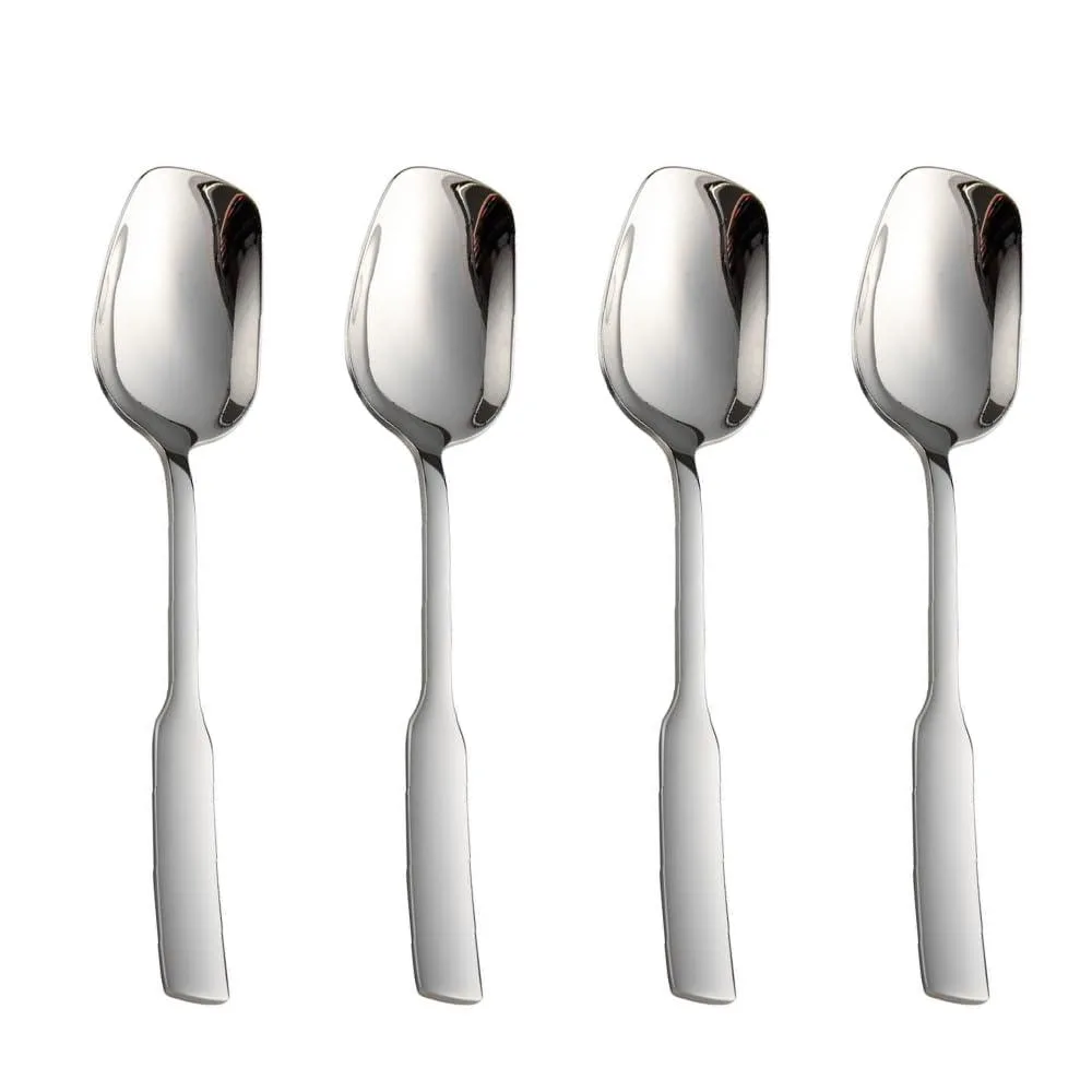 Four stainless steel dessert spoons with square heads and mirror finish, 7.6 inches long