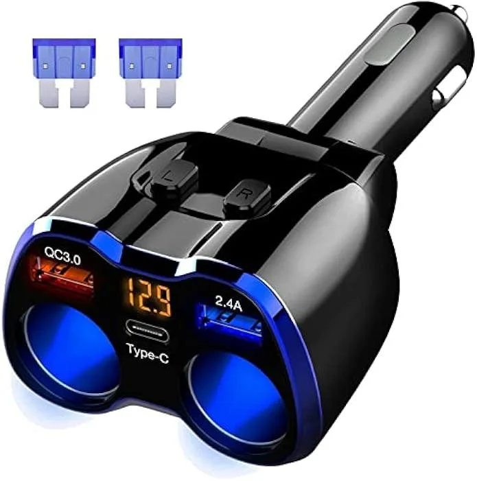 Black car charger with two cigarette lighter sockets, USB-C, dual USB-A ports, LED voltmeter display, independent switches