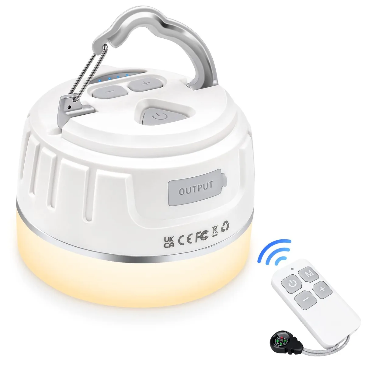 White cylindrical camping lantern with remote control, rechargeable battery and IPX5 rating