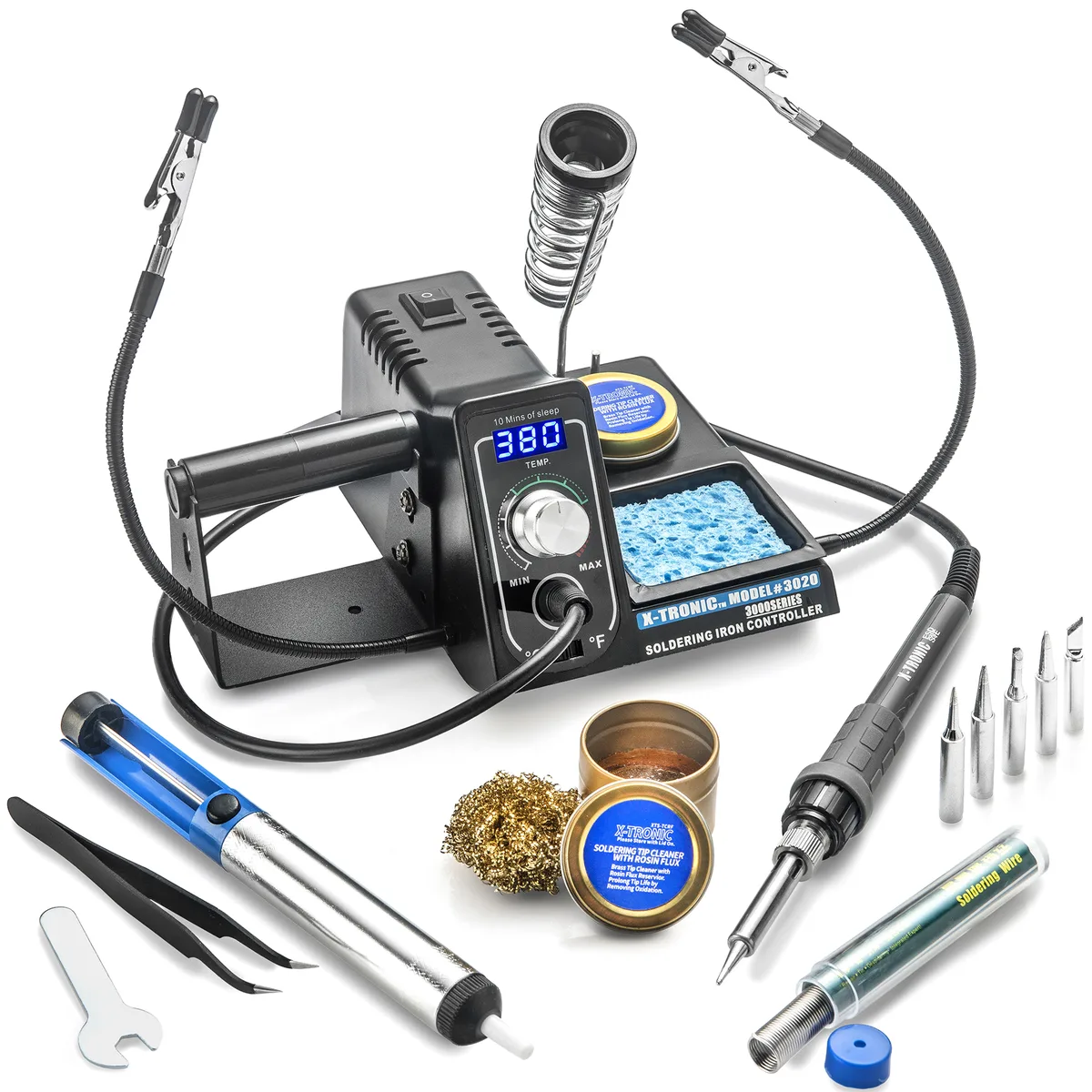 Black digital soldering station with iron holder, helping hands and accessory kit