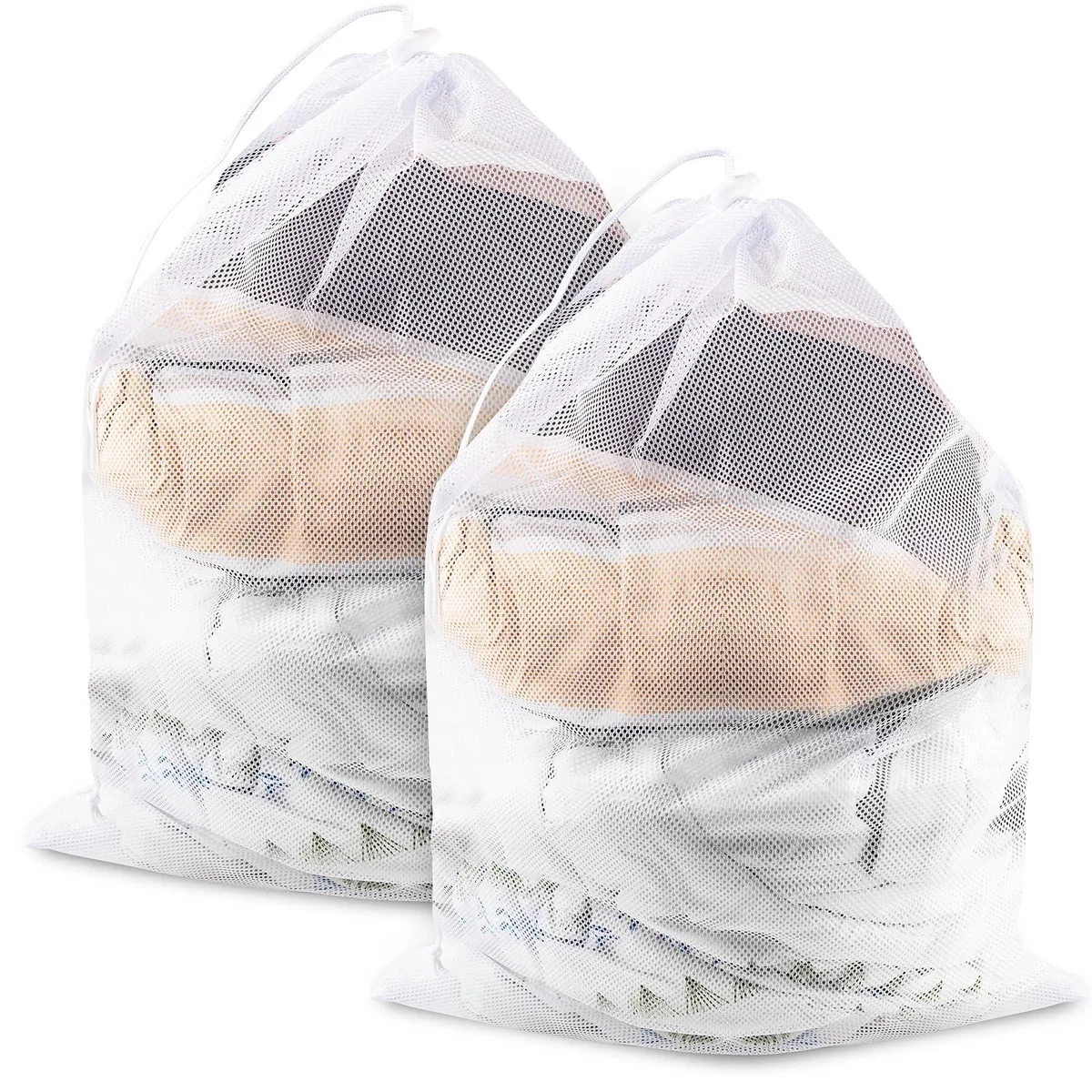 Two grey rectangular mesh bags with drawstring closures