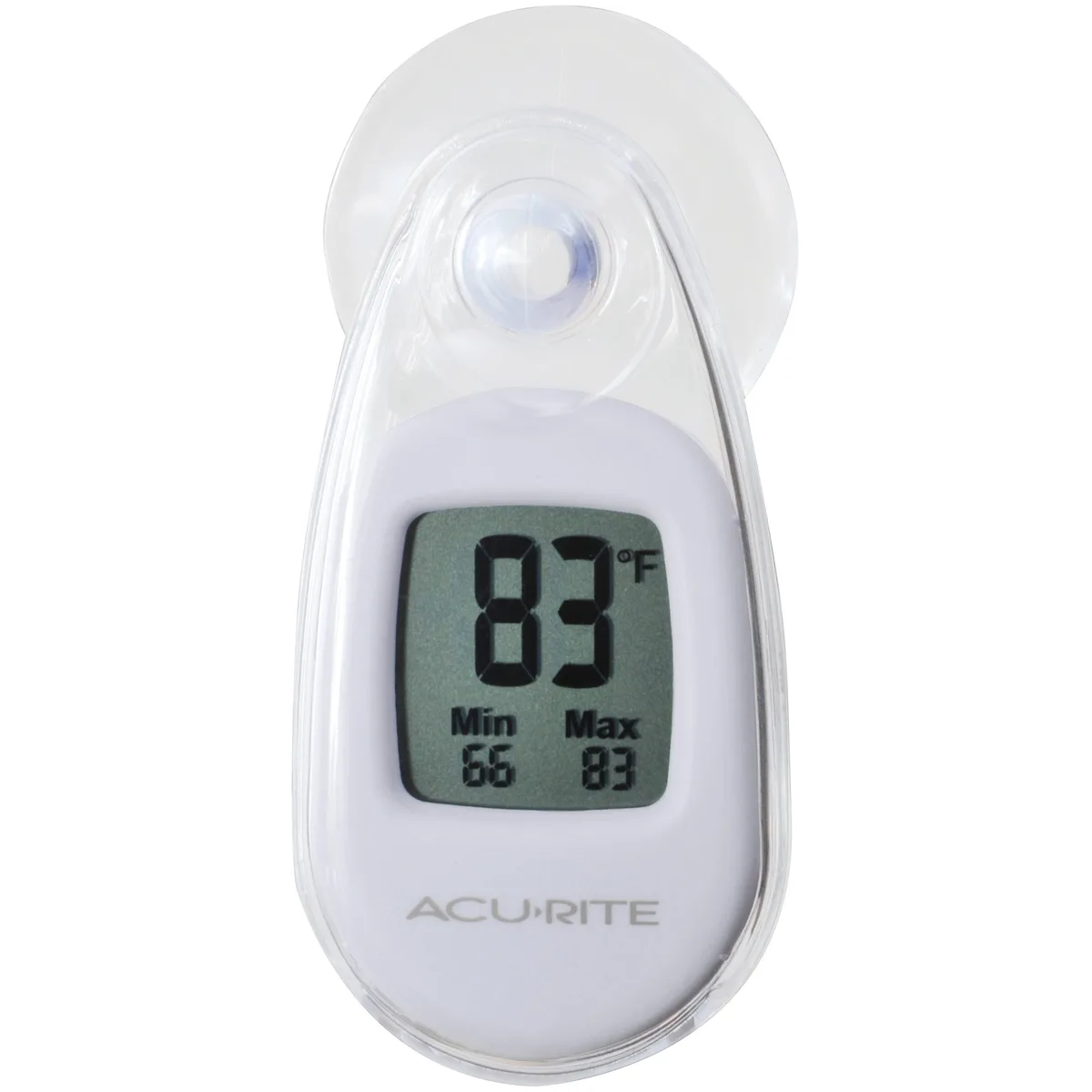 White digital window thermometer with suction cup and LCD display showing indoor outdoor temperature