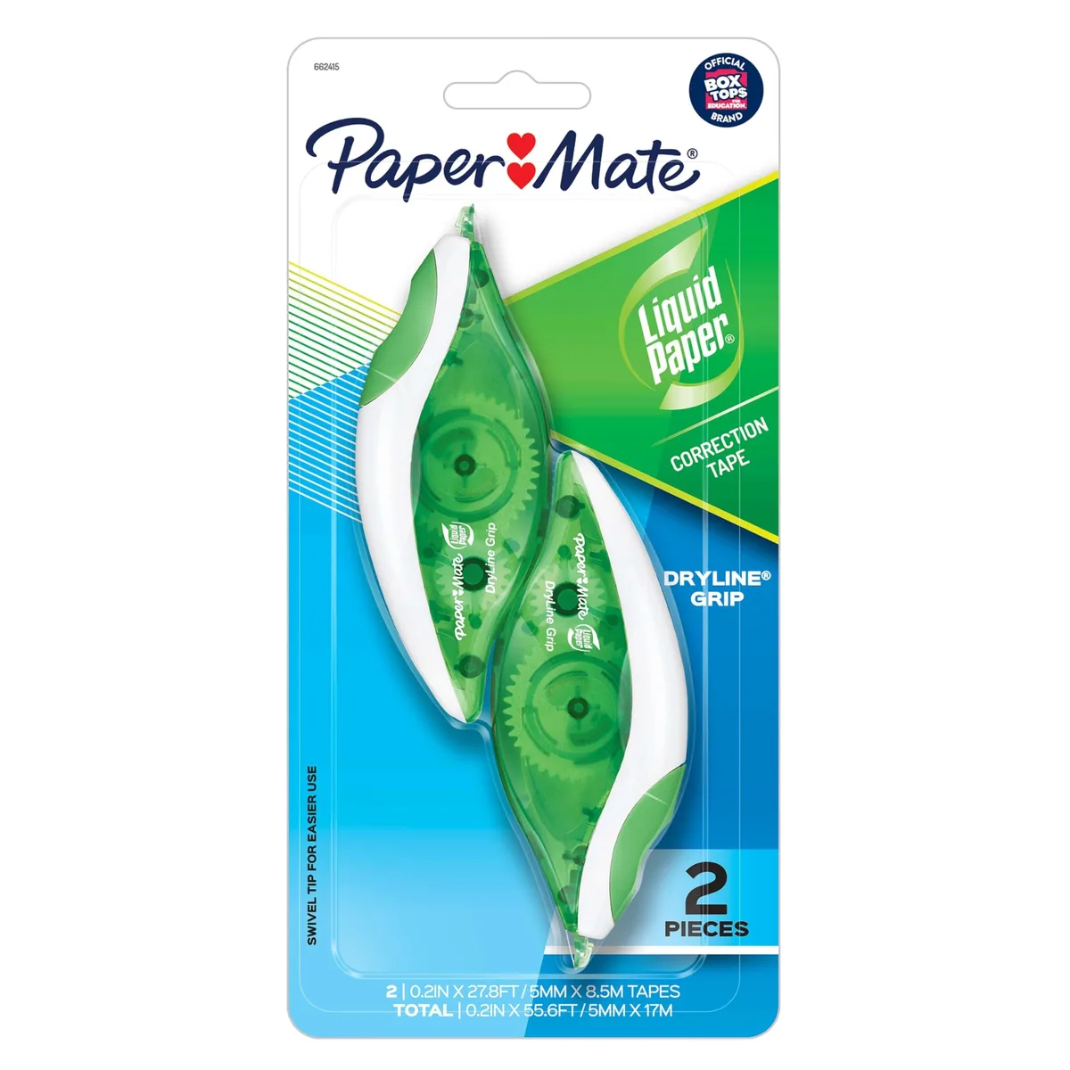 Two green plastic correction tape dispensers with ergonomic comfort grips