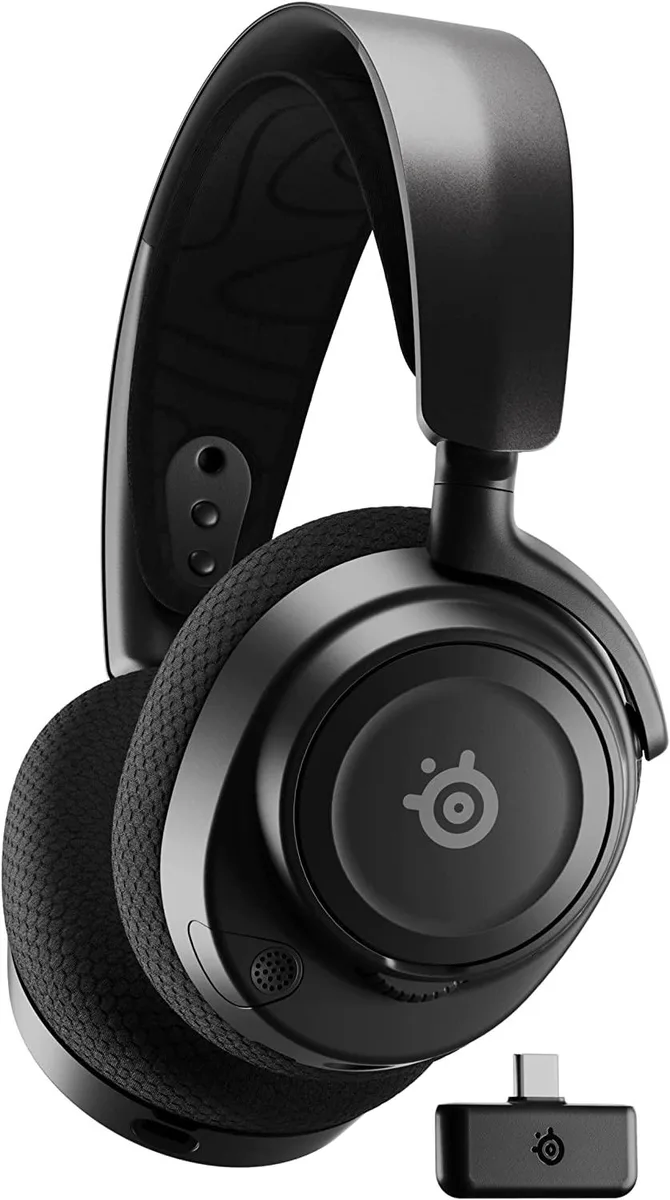 Black over-ear wireless gaming headset with retractable microphone and USB-C dongle