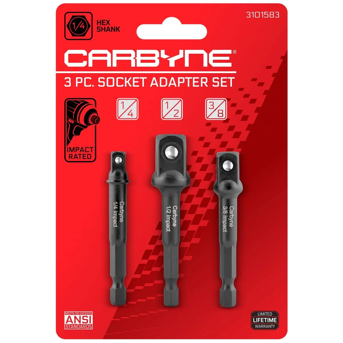  Carbyne 3-Piece Impact Socket Adapter Set 1/4 3/8 1/2 Drive 3 in. Spring-Loaded Ball Lock — product photo