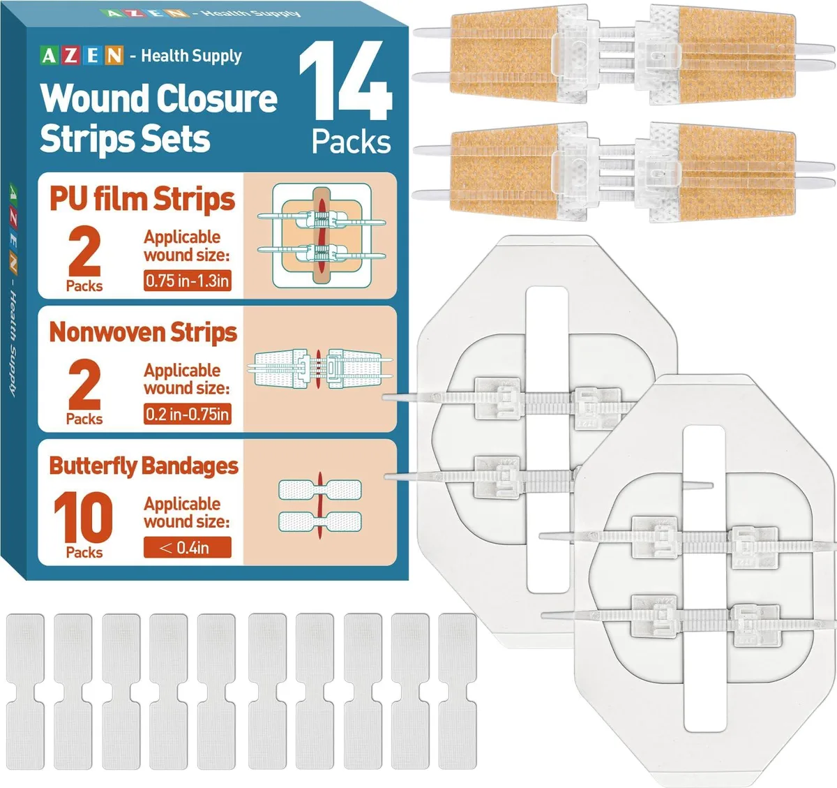 Fourteen small boxes with mixed hypoallergenic wound closure strips and devices