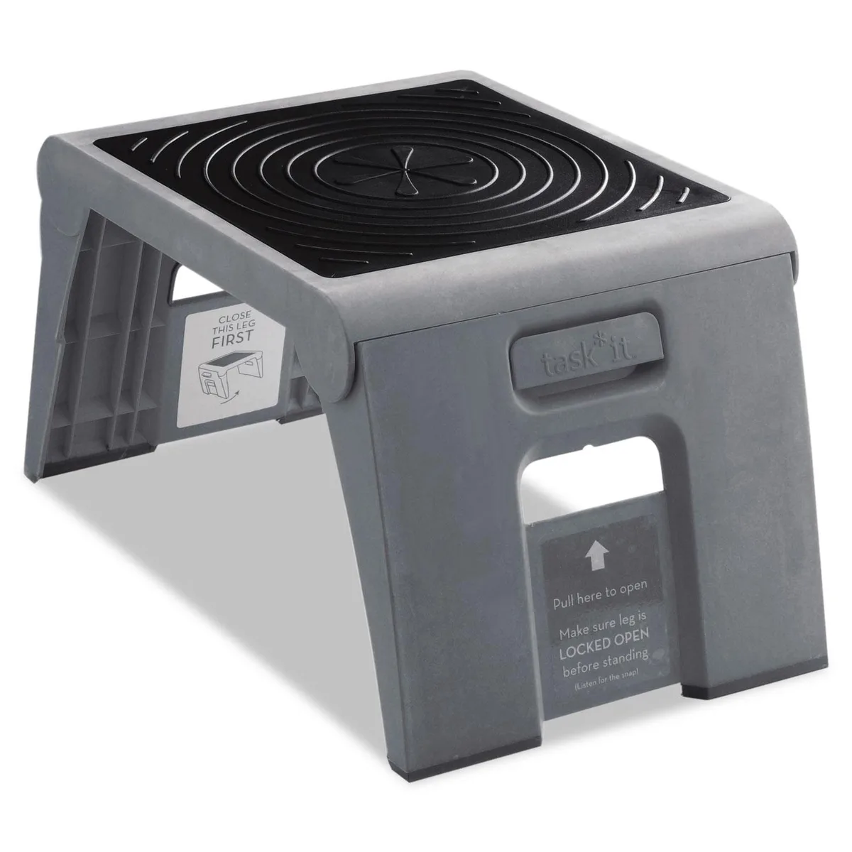 Slate grey folding step stool, flat rectangular form with rubber tread, high-density plastic construction