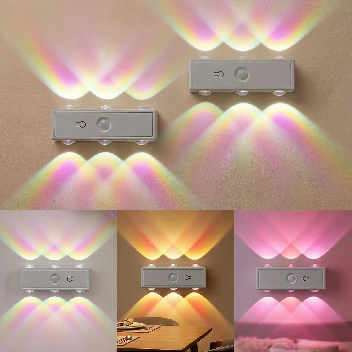 Two white rectangular LED wall lights with magnetic bases and adhesive pads, indoor rechargeable set