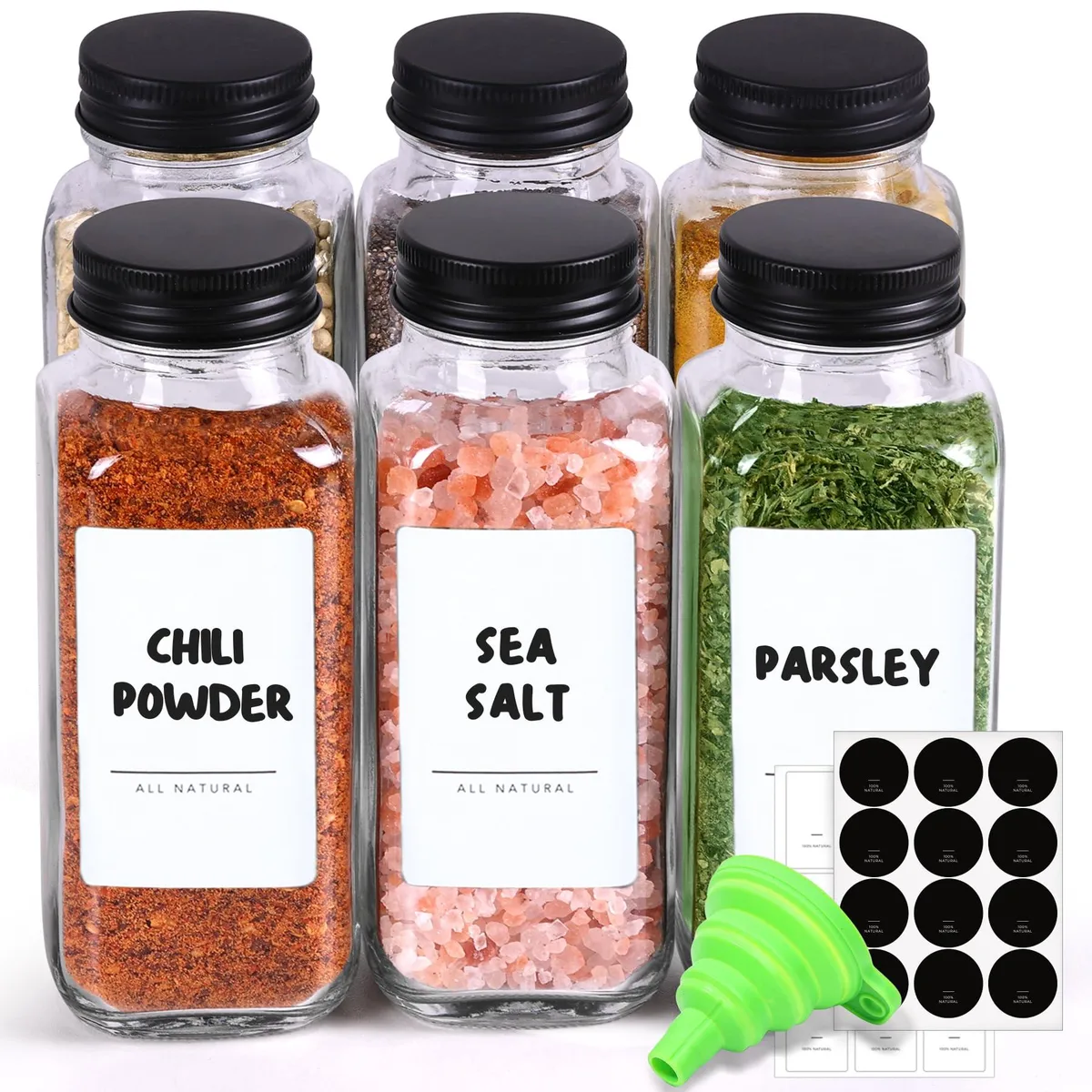 Six clear square glass jars with black shaker lids, 240ml each
