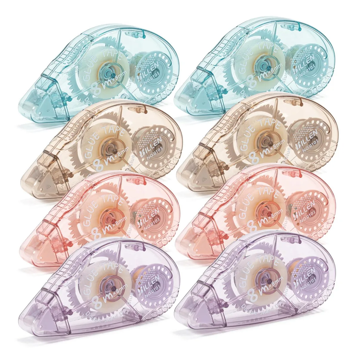Eight coloured double-sided tape rollers in a compact case