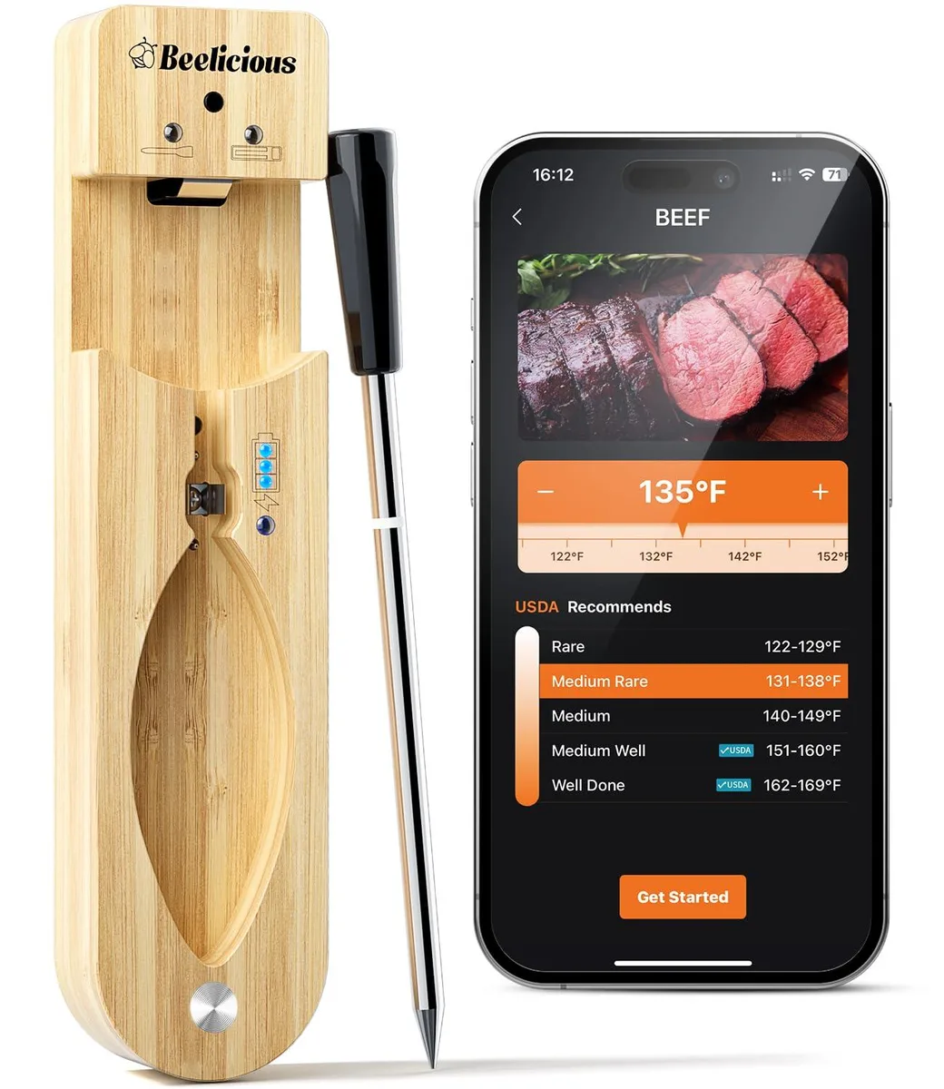 Wood-finish wireless probe thermometer, 7.5 inches long
