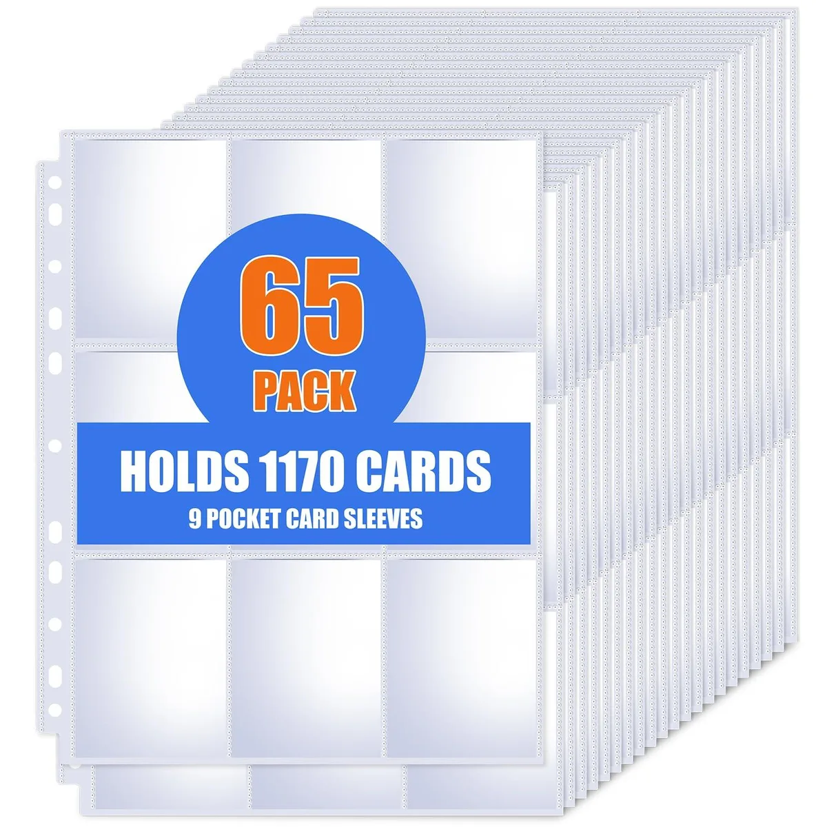 Clear polypropylene binder sheets, 65 pages with 9 pockets each, 11-hole punched, hold 1170 standard cards
