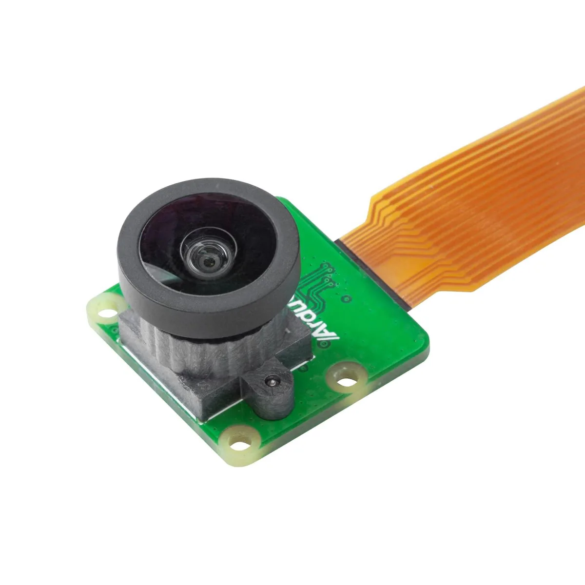 Small rectangular camera module with a wide-angle M12 lens on a green circuit board