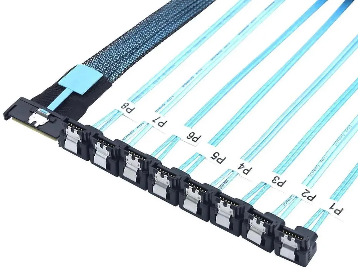 SMUGDESK SMUGDESK MCIO PCIe SAS SFF-8654 8i 74-Pin to 8×SATA 7-Pin 90° Cable .8m 32AWG — product photo