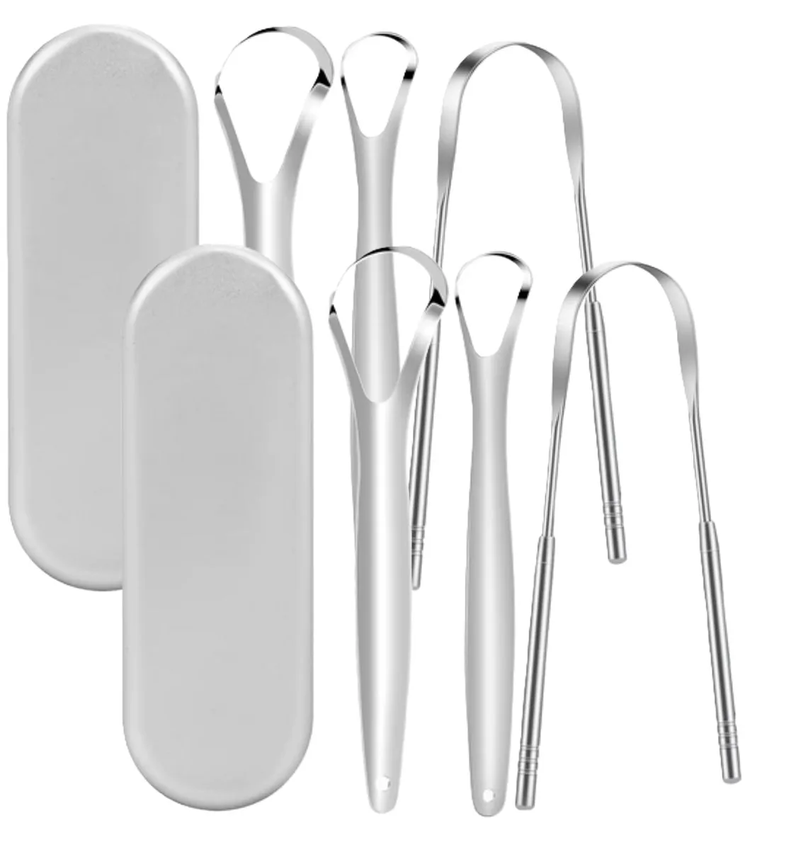 Eight stainless steel tongue scrapers with curved handles and smooth silver finish