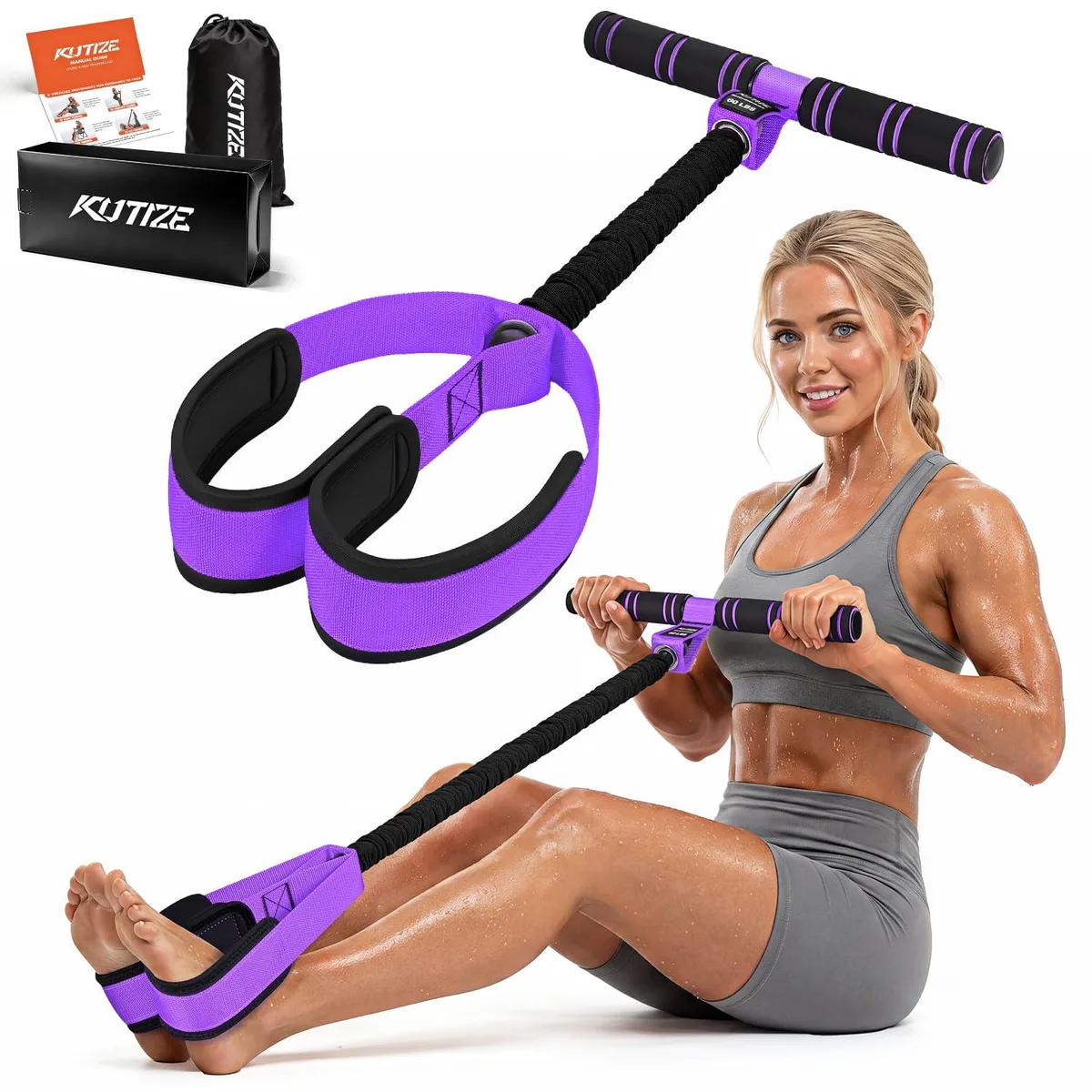Purple pedal resistance band with large foot pedals and handles, 60LBS tension