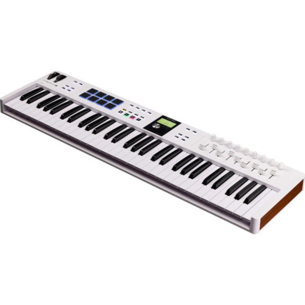 White 61-key MIDI controller with faders, encoders and pads