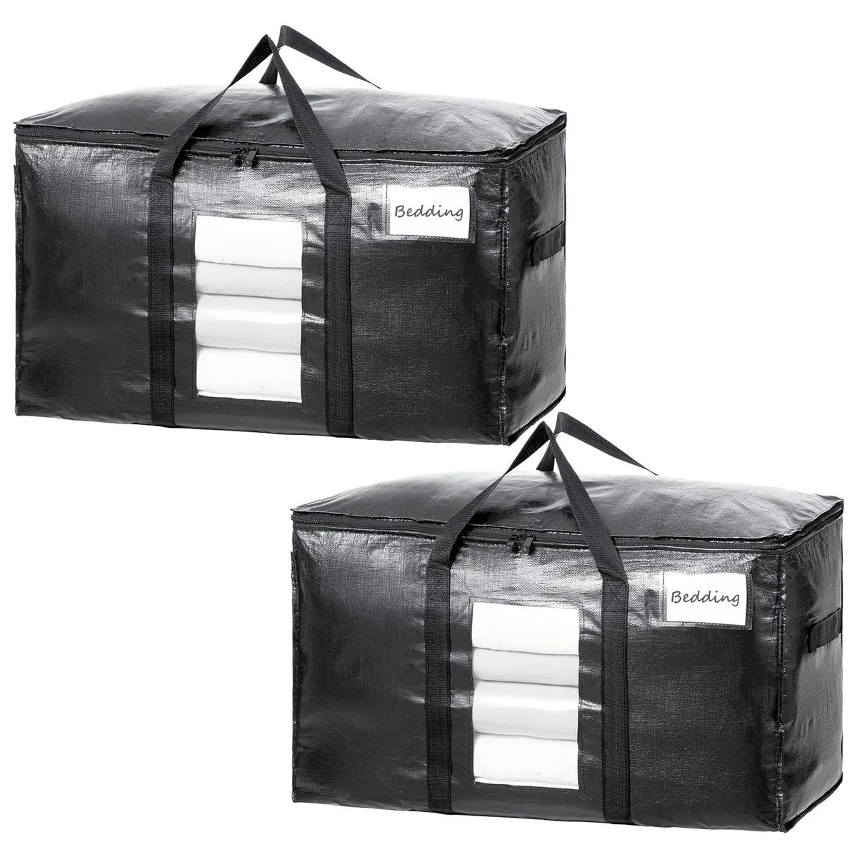 Two black rectangular woven-plastic moving bags with clear windows and wrap-around handles