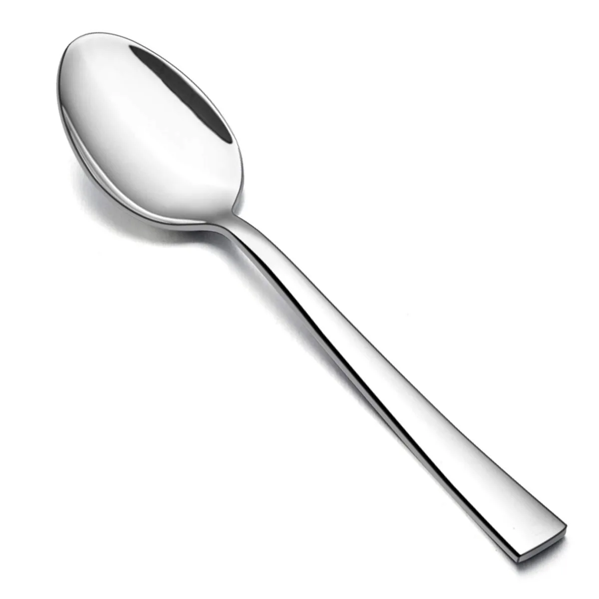 Six silver stainless steel dinner spoons with squared handles lying flat