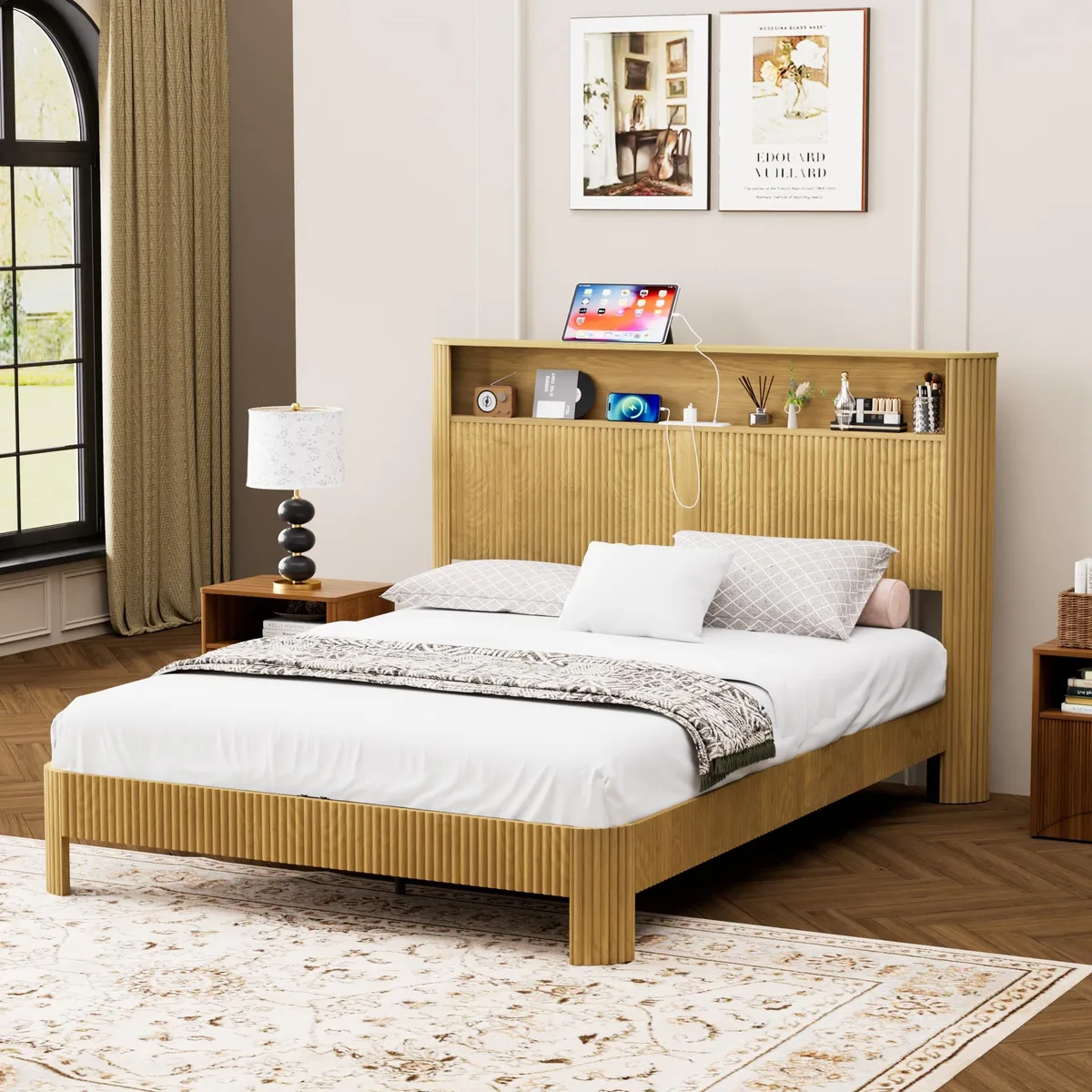 Queen-size bed frame with wavy natural-finish headboard, built-in shelf and charging ports