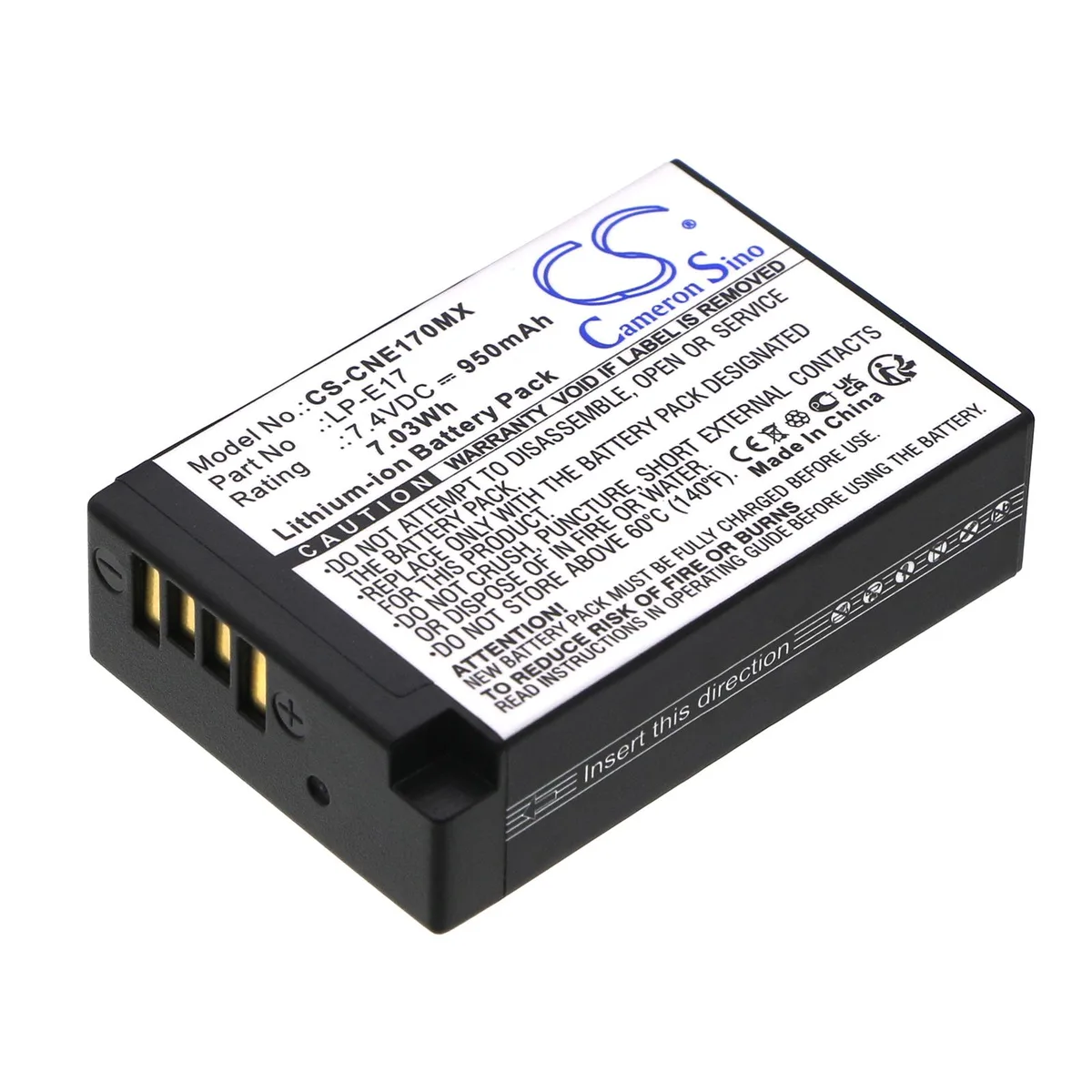 Black rectangular Li-ion camera battery with textured sides and gold contacts, 49.22 x 32.73 x 14.10 mm