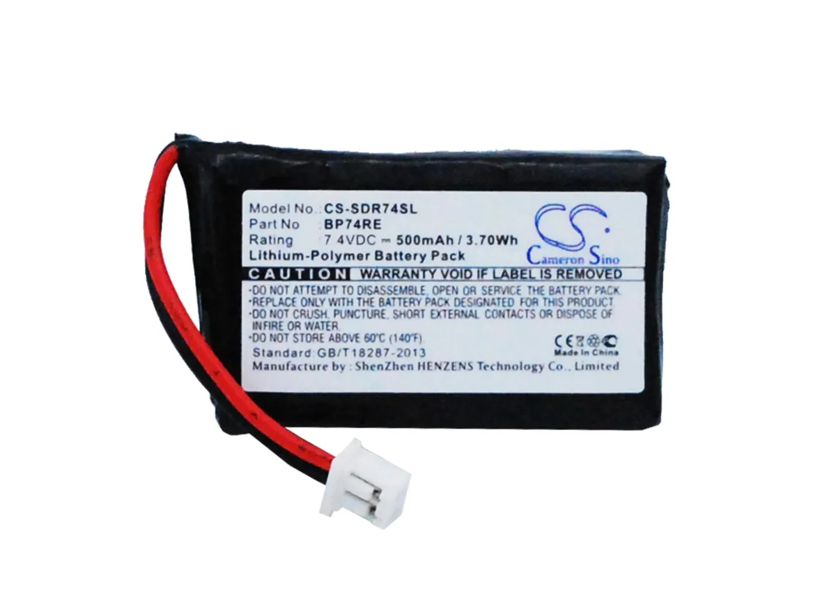 Rectangular replacement battery with black plastic casing and two metal contacts