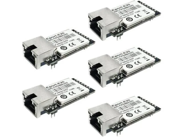 Five small green circuit boards with pin headers and chips