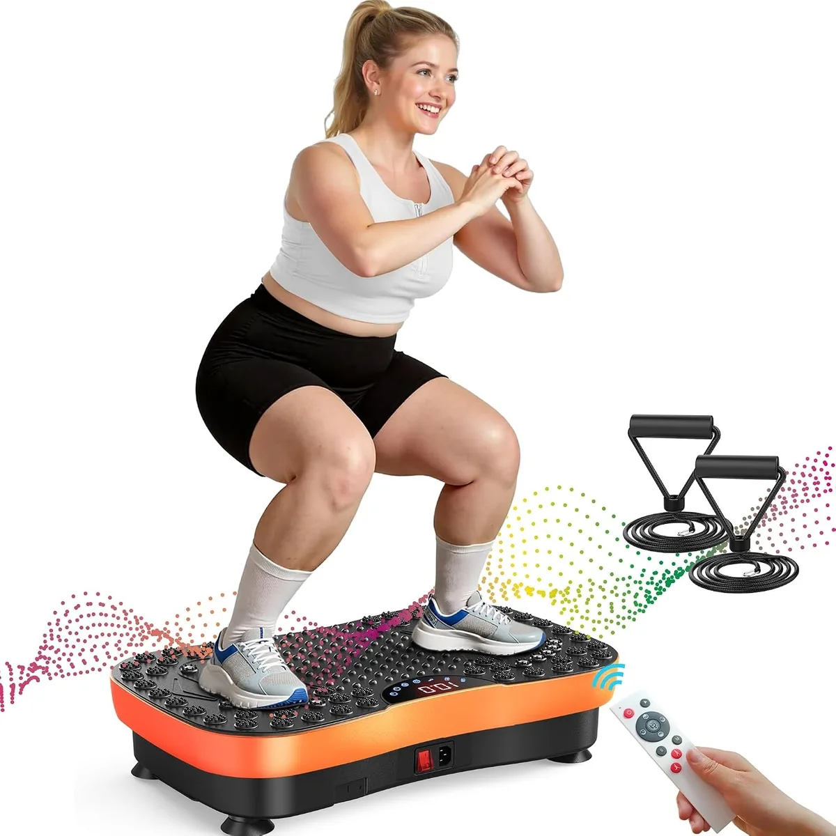 Rectangular black vibration platform with two resistance bands and a handheld remote control