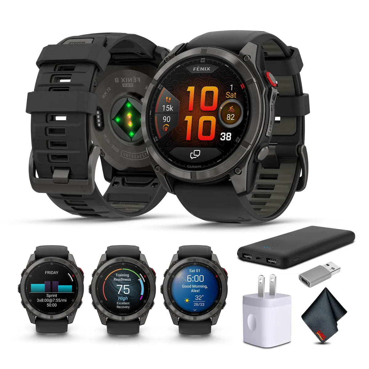 Garmin Garmin Fenix 8 Pro 51mm AMOLED GPS Smartwatch Sapphire Carbon Gray DLC Titanium Bundle wearable technology — product photo