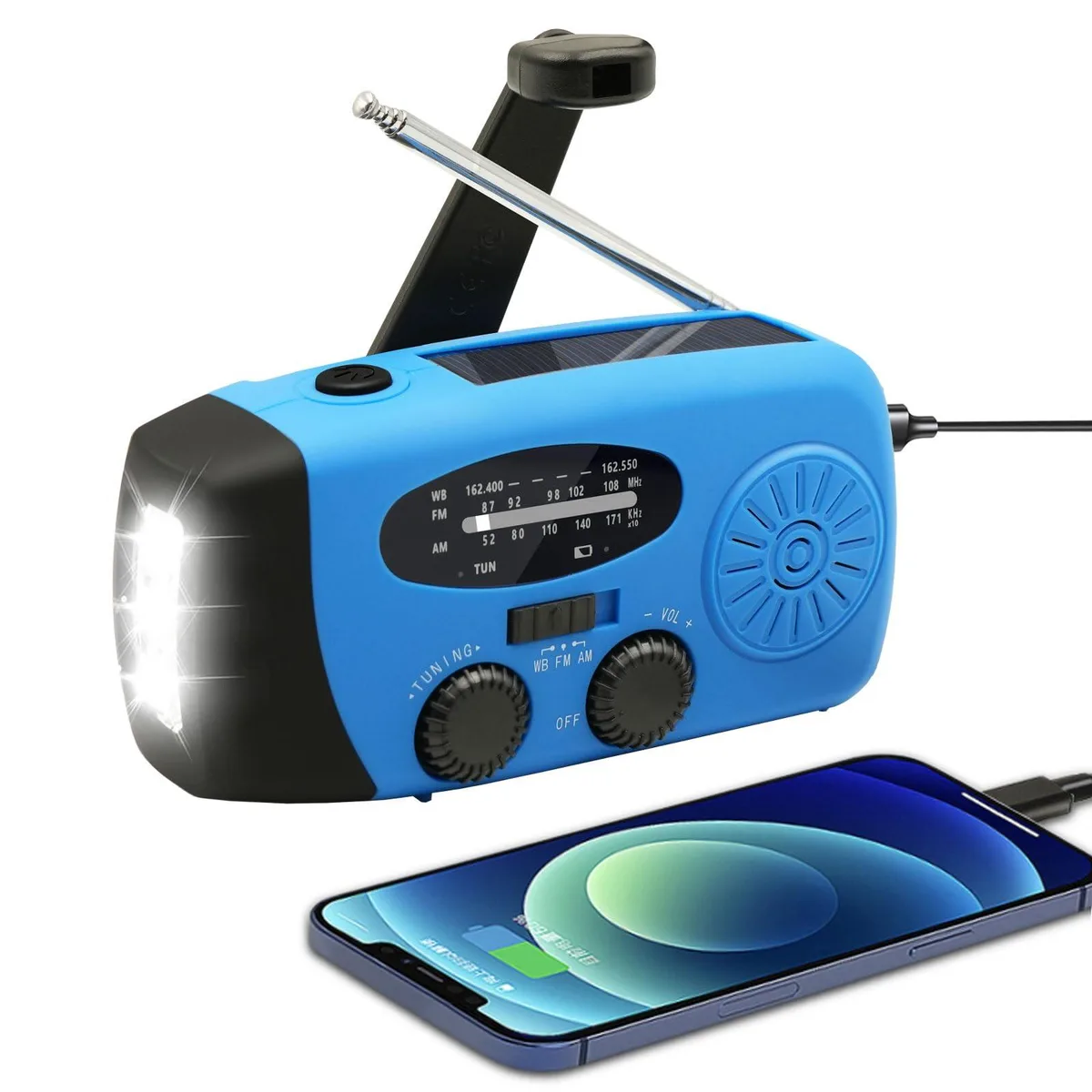 WVL Hand Crank Weather Radio NOAA AM/FM/SW/WB Solar 7400mWh Flashlight SOS Phone Charger Blue — product photo