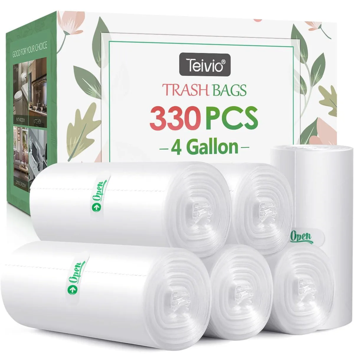 Clear plastic garbage bag roll, 330 count, 15 litre capacity