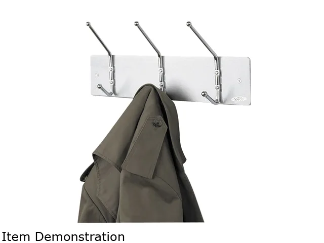 Wall-mounted metal rack with three ball-tipped double hooks in satin aluminum finish
