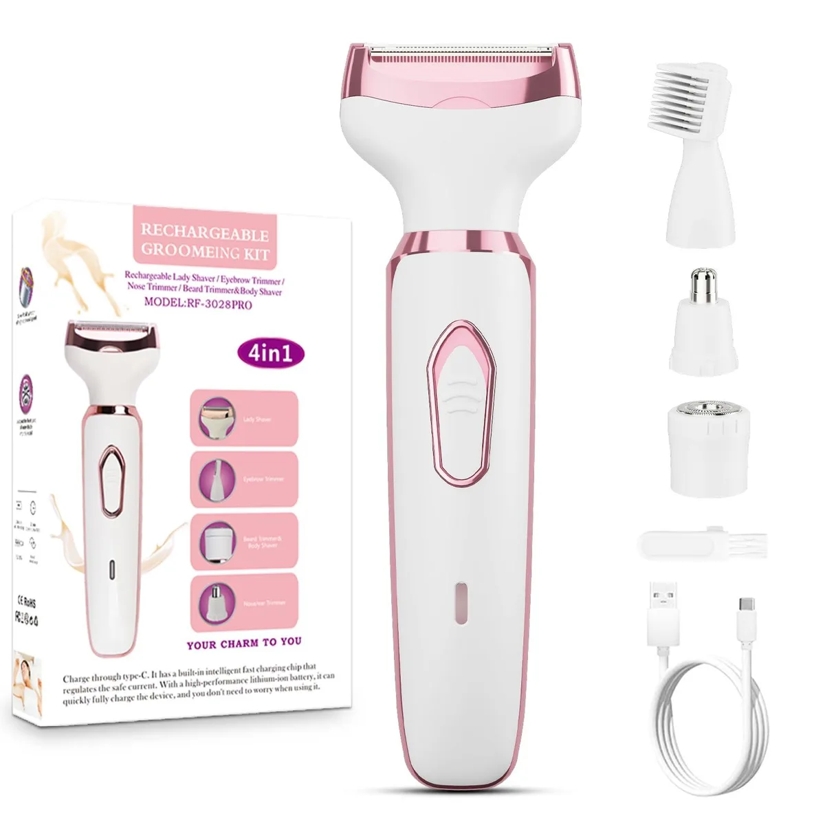 Pink foil shaver, 15 cm long, cordless, wet or dry use