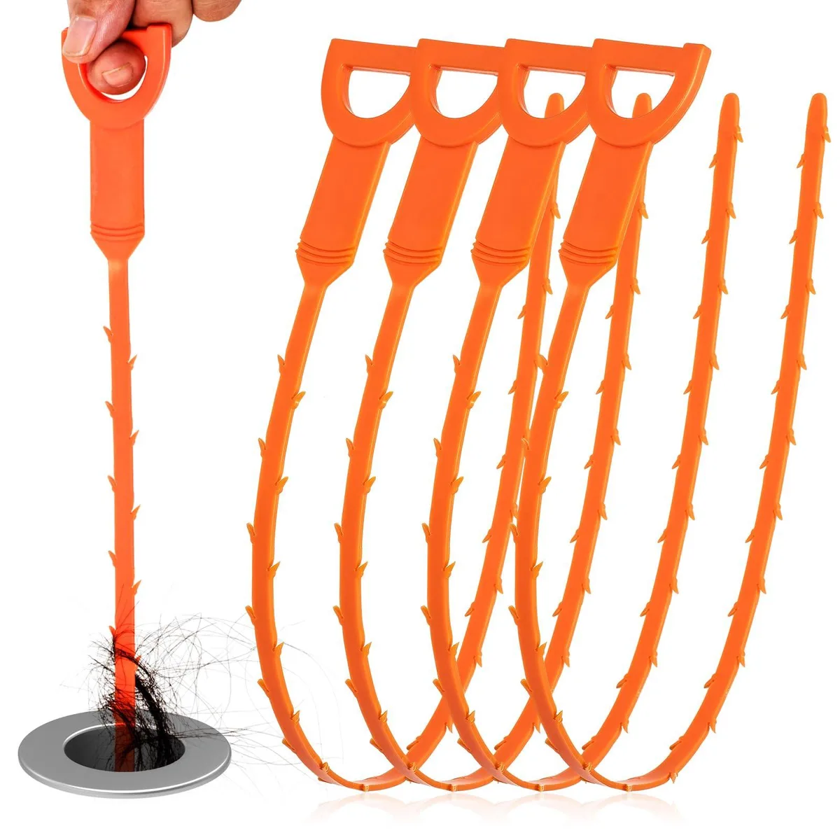 Four white flexible plastic drain snakes with barbed ends and loop handles, each twenty inches long