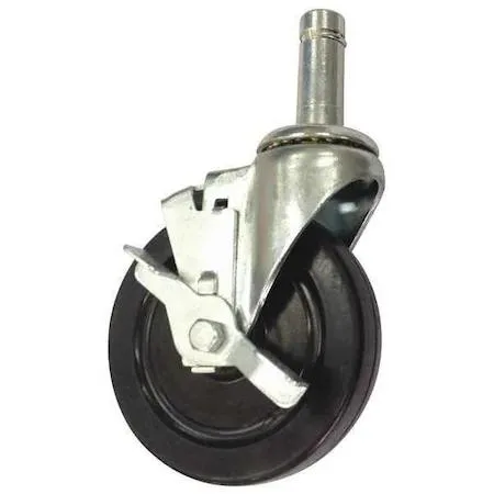 Black rubber swivel stem caster with brake, 5 inch wheel, zinc plated steel frame