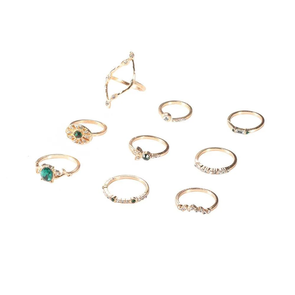  CVintage Gold Silver Ring Set Green Blue Gem 9 Pcs — product photo
