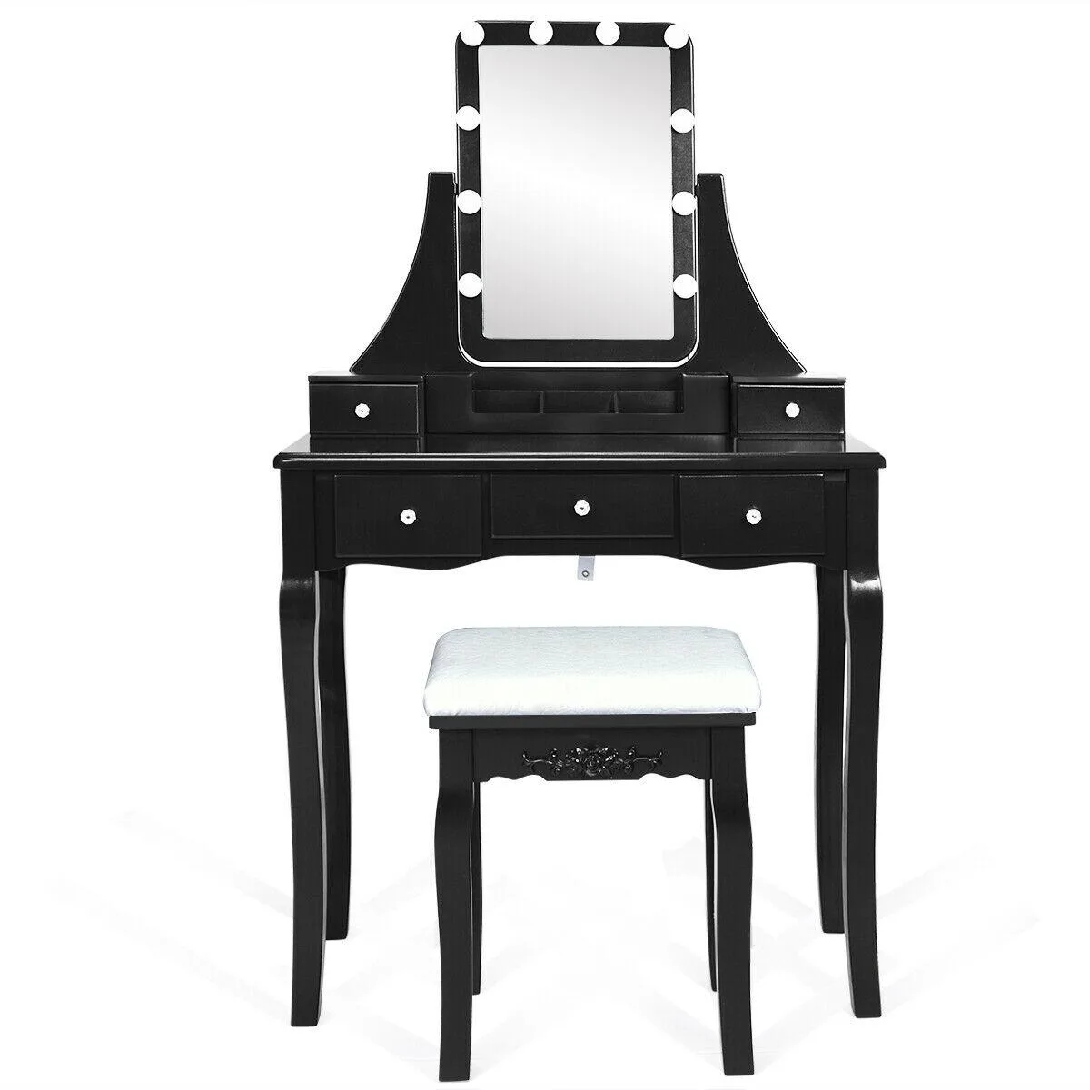 Black vanity table with mirror, ten LED bulbs, five drawers, padded stool