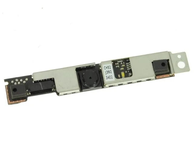 Small rectangular Dell webcam module with lens and microphone opening, silver-grey finish