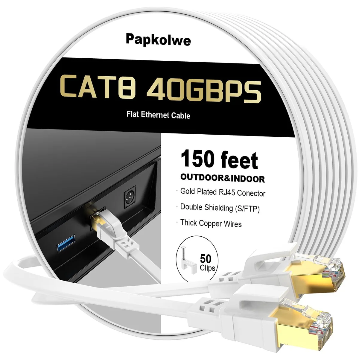  Papkolwe Cat8-40gbps Cat 8 Ethernet Cable 150 ft White — product photo