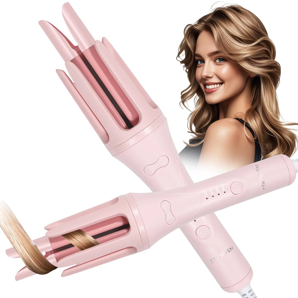 Pink automatic curling iron with 1.25 inch barrel and cool-touch anti-scald design