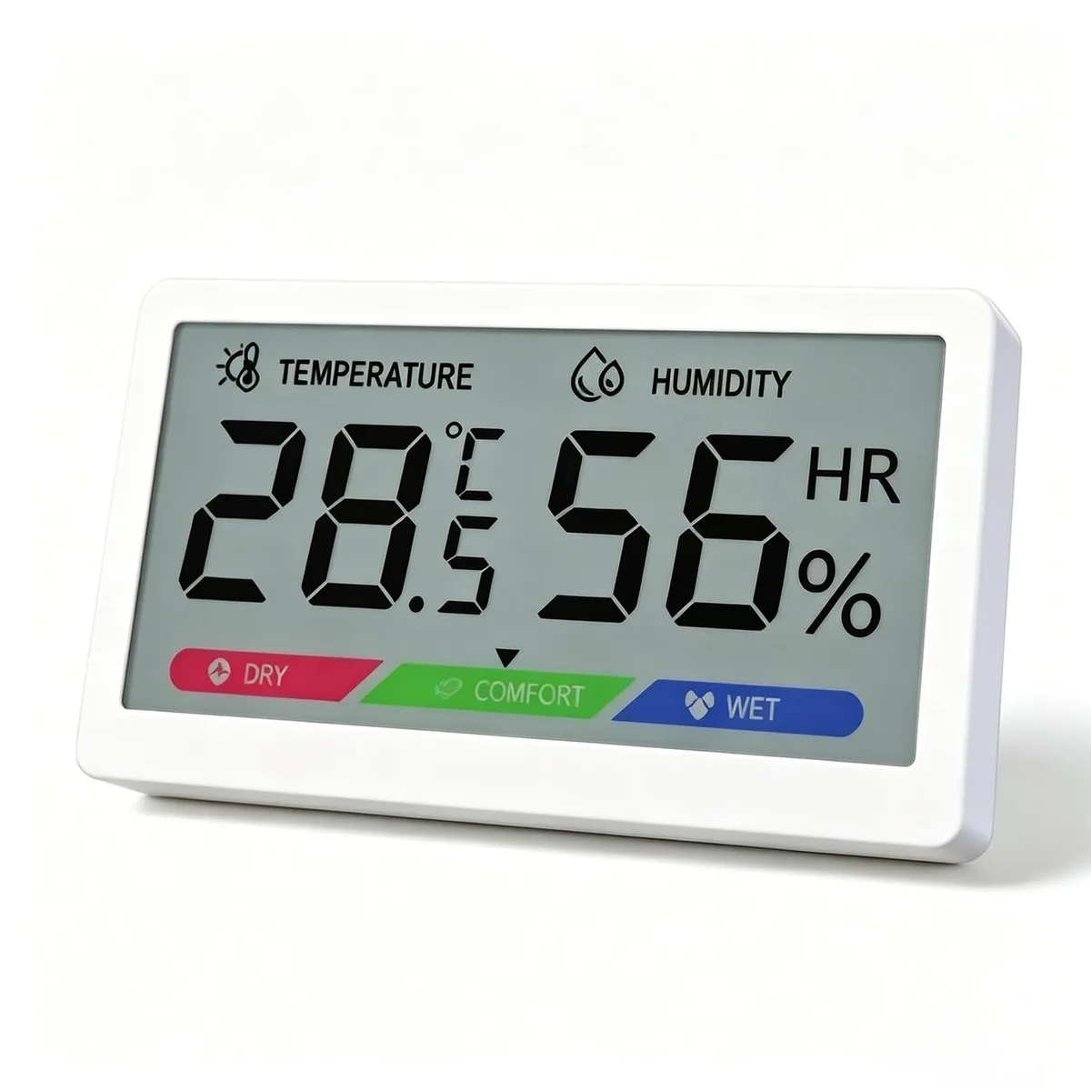 White rectangular hygrometer with 3.08 inch LCD screen showing bold digits and three colour comfort icons, black plastic body