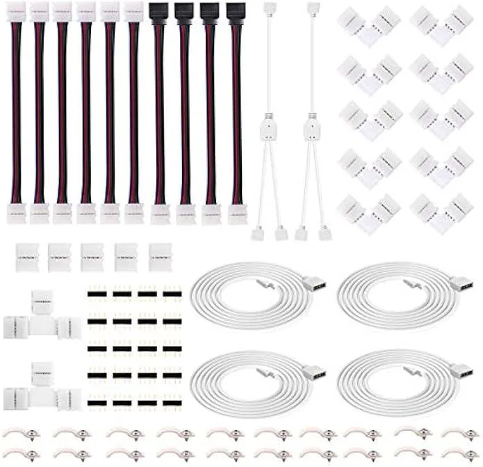 Assorted RGB LED strip connectors, cables and clips in clear plastic bags