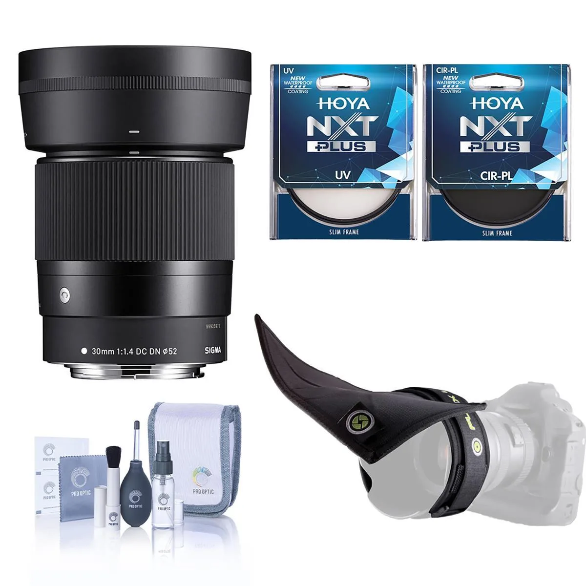 SIGMA Sigma 30mm f/1.4 DC DN Contemporary Lens for Canon EF-M with 52mm UV Filter Circular Polarizer Flexible Shade — product photo
