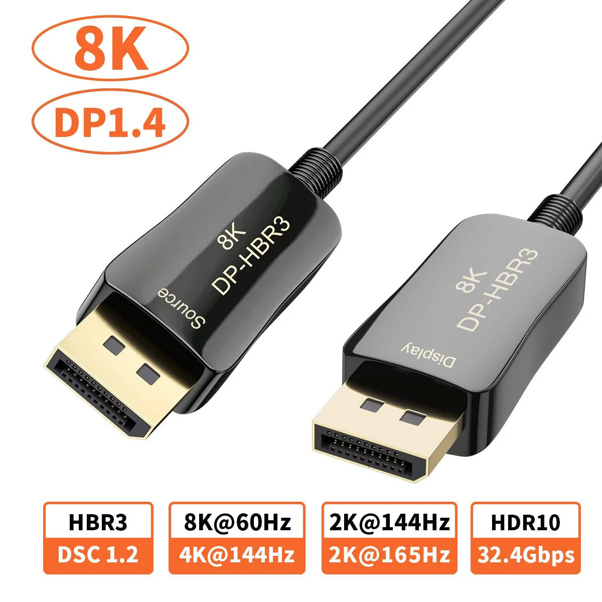 LUOM LUOM T0109 DisplayPort 1.4 fiber optic cable 50 ft 8K@60Hz 4K@144Hz 32.4 Gbps — product photo
