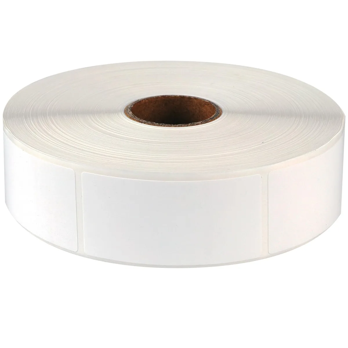 Roll of 1000 white rectangular paper labels on a white background