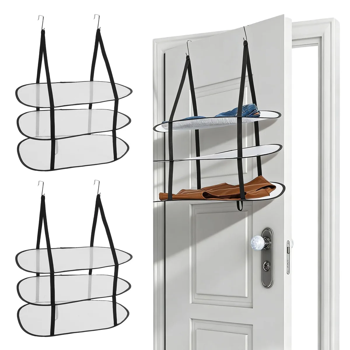 Two black three-tier mesh sweater drying racks with hooks, folded flat