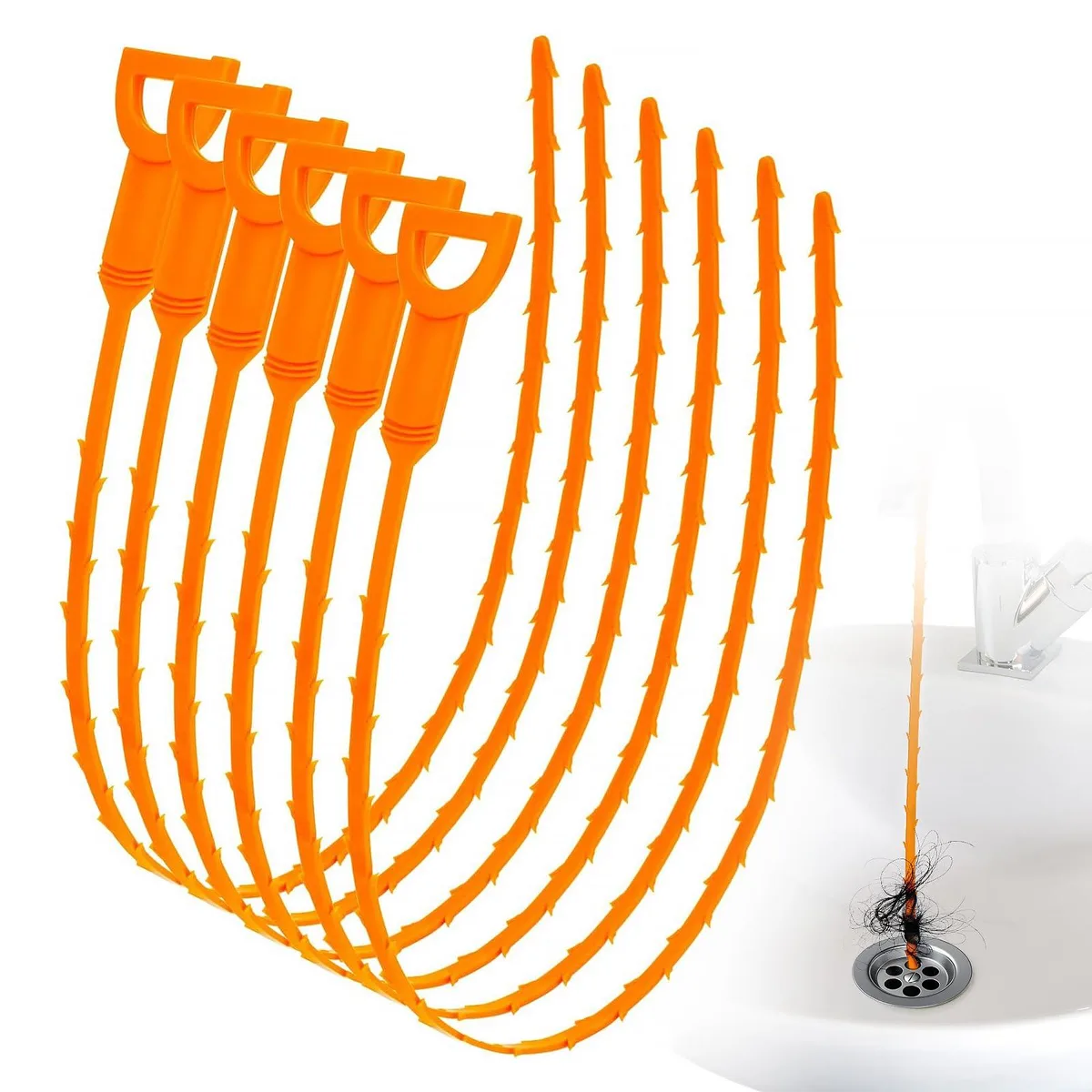 Six orange flexible plastic drain snakes coiled together