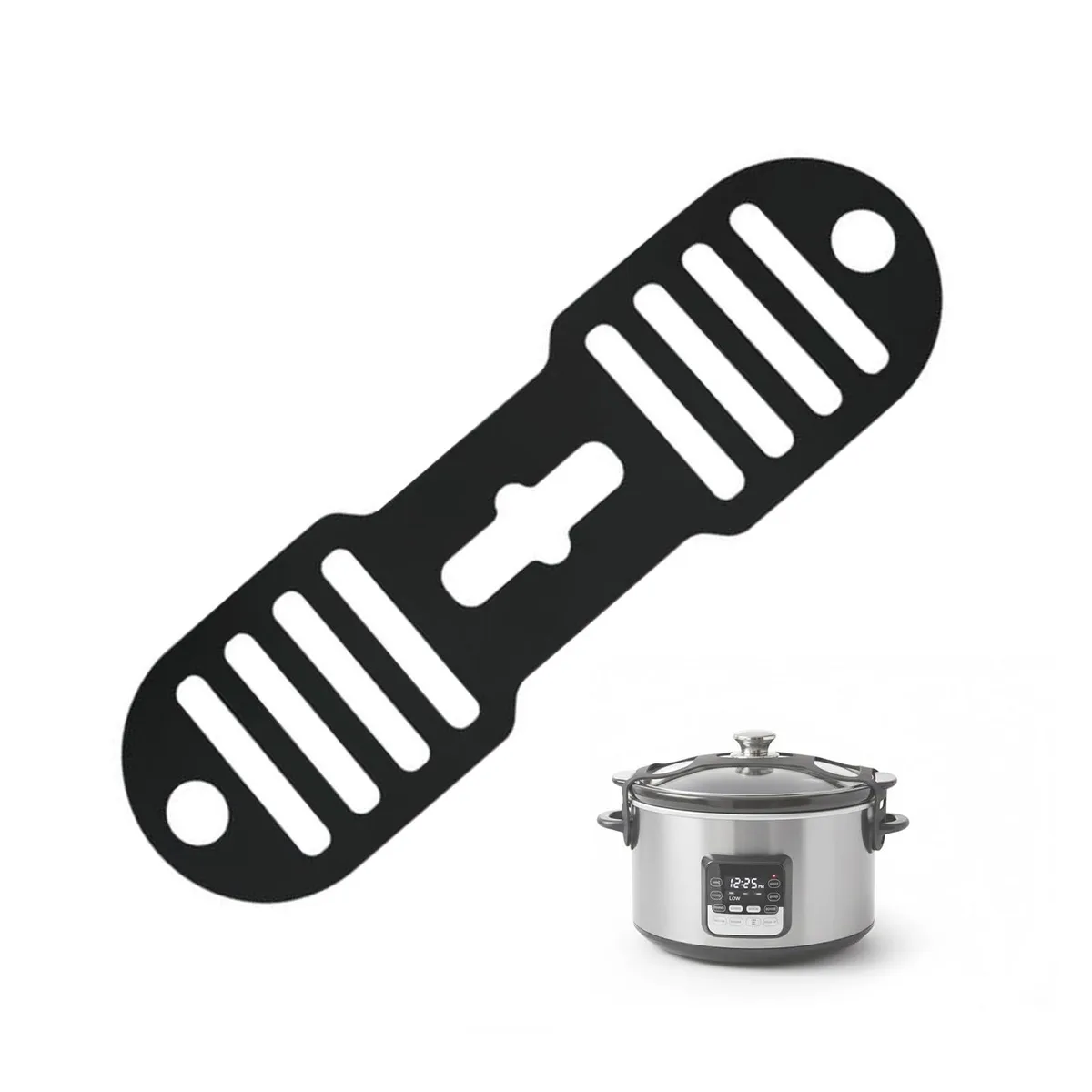 Black silicone strap with stretch loops for securing slow cooker lids