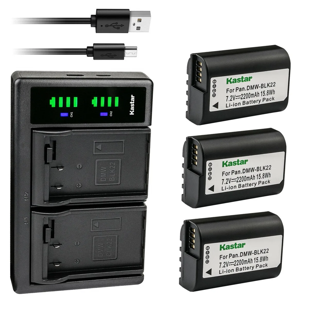 Kastar Kastar DMW-BLK22 3-pack battery and LTD2 USB charger — product photo