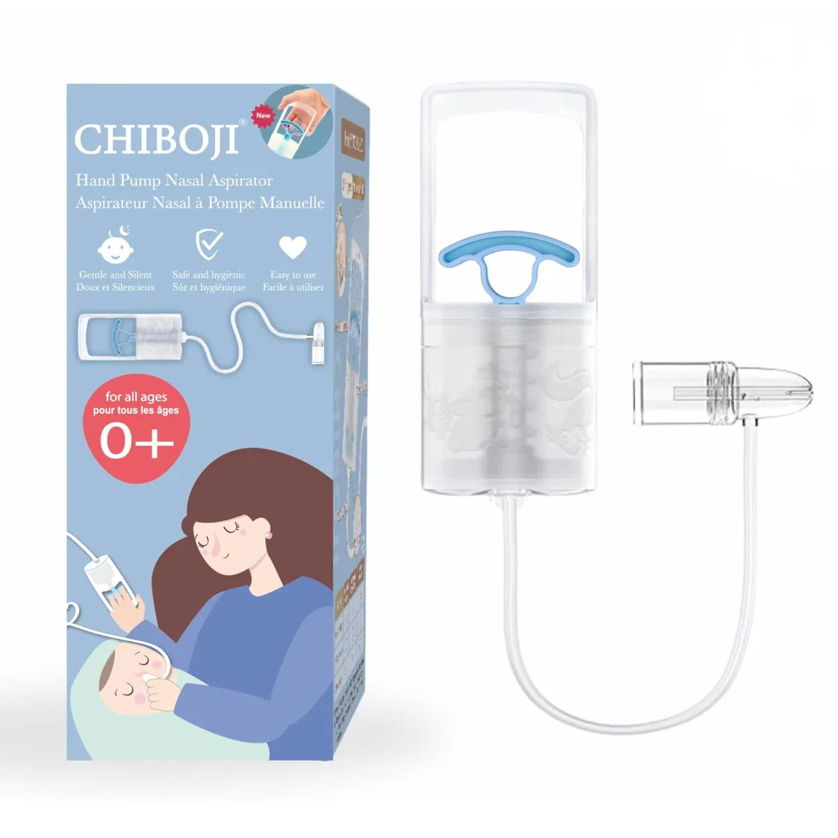Blue manual nasal aspirator with three-finger pump and rounded nozzle tip